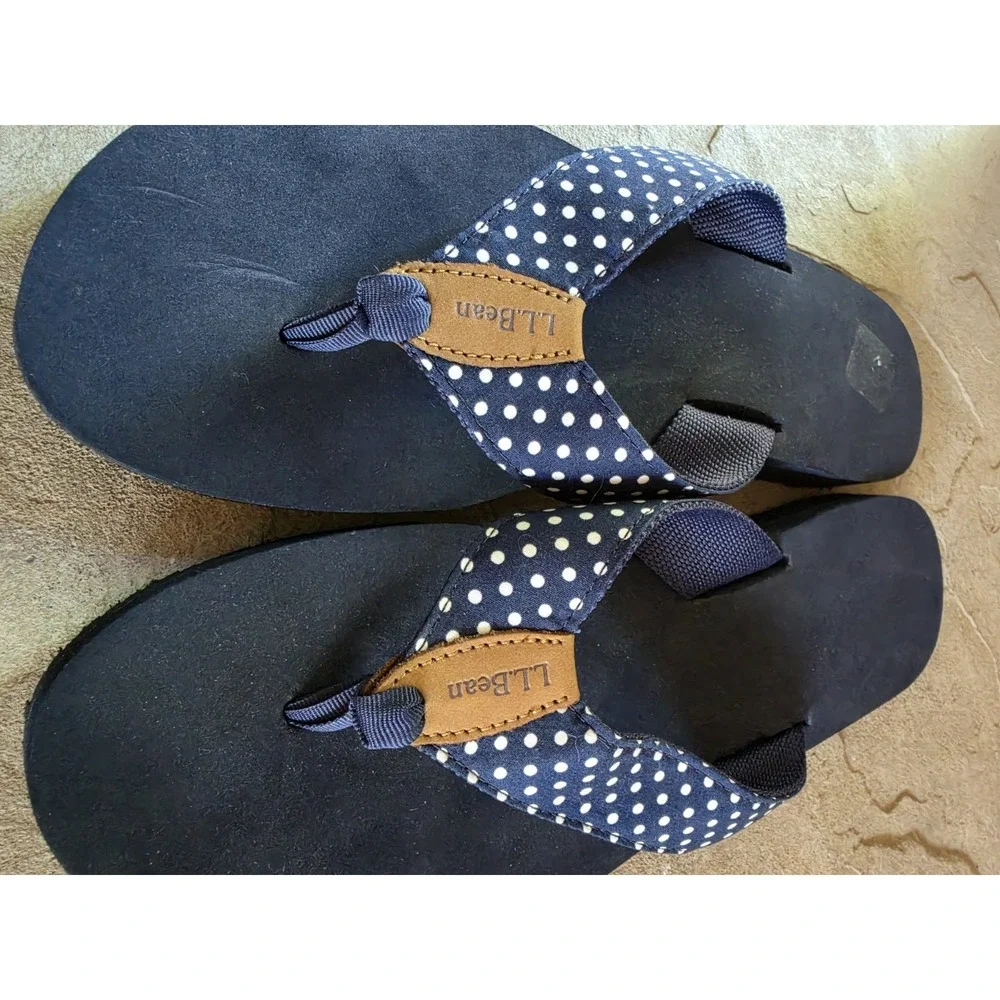 LL Bean Maine Isle Flip Flops Womens Size 10 Nautical Polka Dot Sandals - Picture 5 of 7
